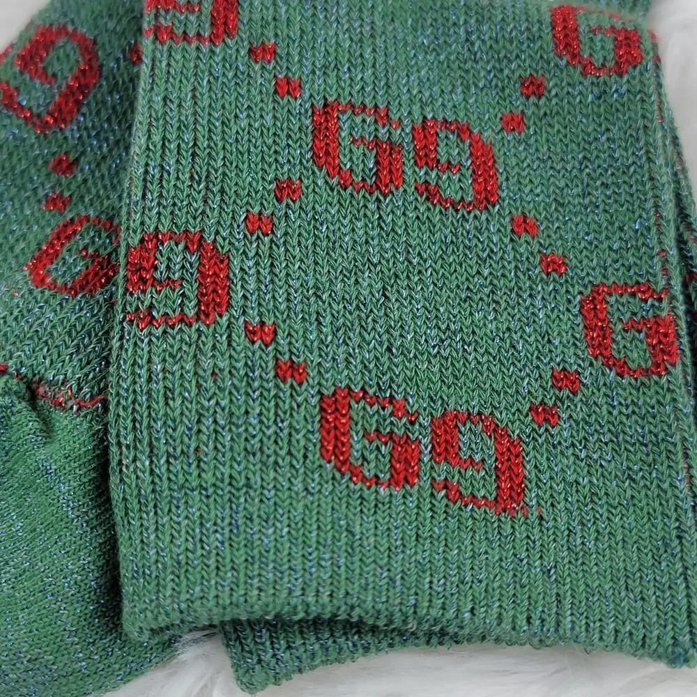 Gucci Crew Socks Unisex GG Logo Metallic 100% Authentic Green Red Luxury New